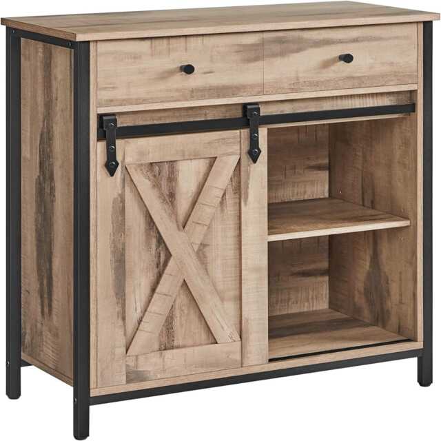 Sliding Door Kitchen Storage Cabinet with Adjustable Shelf, Toasted Oak Colour and Black