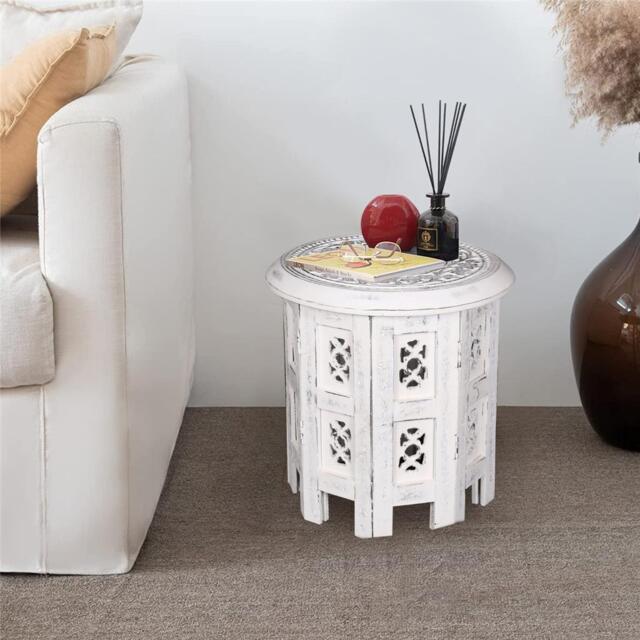 Antique Effect Round Carved Wooden Bedside Lamp Table Side End Coffee Table Small 30 x 30 x 30 cm