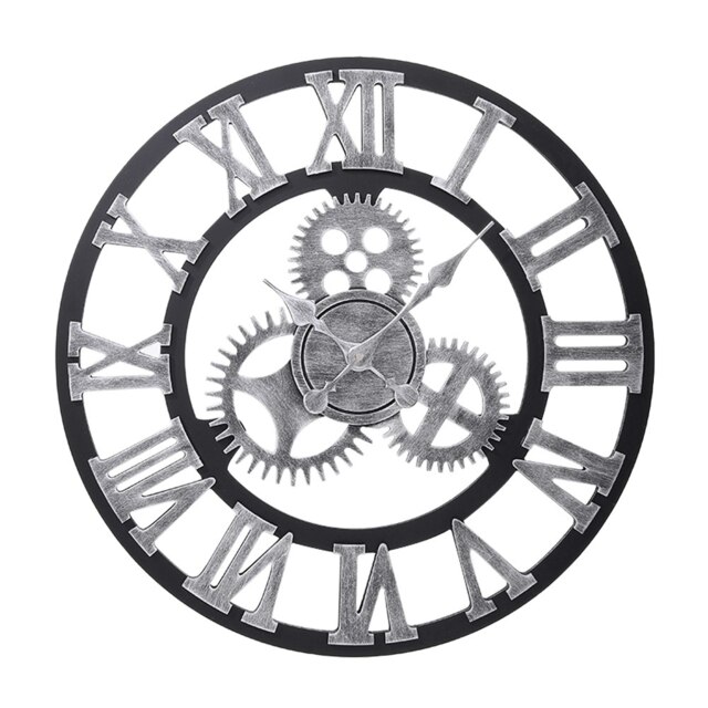 Living and Home Industrial Large Retro Silent Wall Clock - Silver