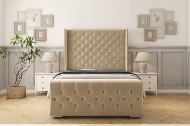 "Sloomy Luthor Almond Coniston Bed Frame With Mattress With 50"" Upholstered Wingback Headboard 6' Super King"