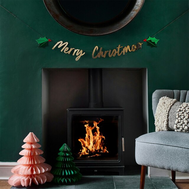 Gold 'Merry Christmas' Holly Card Banner 2m Multi