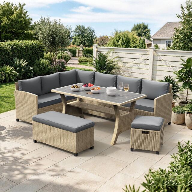 Vonhaus Kos Rattan Garden Furniture Dining Set for 9 People Grey