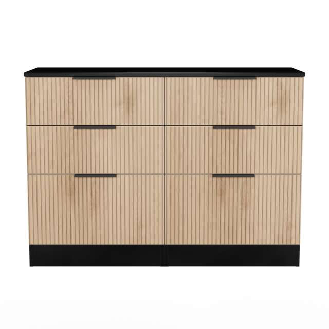 Crete 6 Drawer Wide Chest of Drawers in Slatted Effect & Black (Ready Assembled) Black Slatted Effect / Black