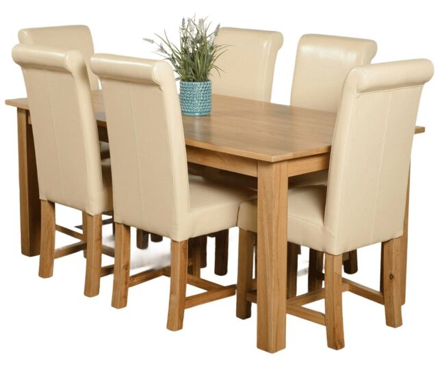 Oslo 180 x 90 cm Large Oak Dining Table and 6 Washington Leather Chairs Cream Cream