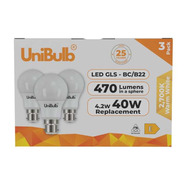 UniBulb LED GLS B22 Bayonet Cap (BC) 470lm 4.2W (Replaces 40W) 2700K (Warm White) Light Bulb - Pack of 3 White Warm White 3