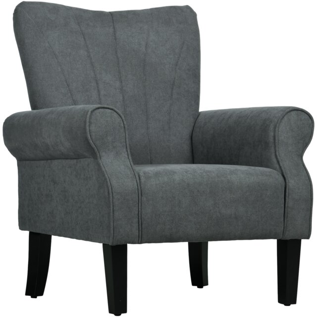 HOMCOM Modern Upholstered Accent Chair, Linen Armchair with Rolled Arms and Wood Legs, Single Sofa Chair for Living Room Bedroom, Grey