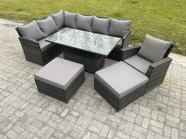 Fimous Outdoor Garden Furniture Set Wicker PE Rattan Height Adjustable Rising Lifting Table Sofa Dining Set with 2 Big Footstool Armchair Dark Grey Mixed