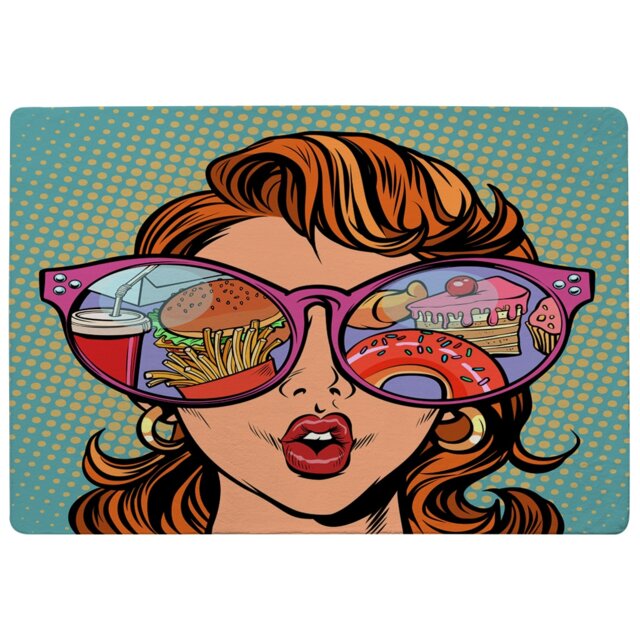 Woman With Sunglasses. Fast Food And Sweets In The Reflection Designer Rug Multi