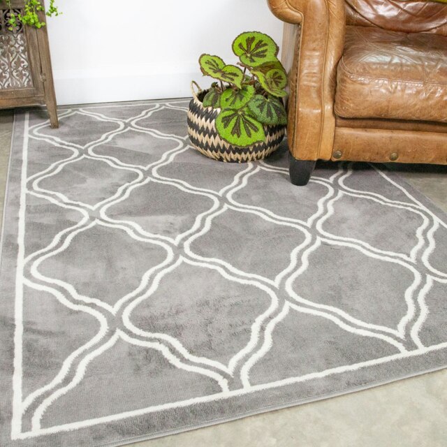 KUKOON Grey Modern Trellis Bordered Living Area Rug 80cm x 150cm