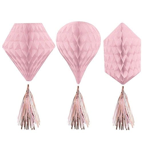 Rose Gold Blush Honeycomb Hanging Decorations with Tassels 30cm - Pack of 3