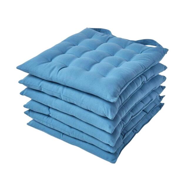 Homescapes 6 x Seat Pads Luxury Cotton Indoor Outdoor Garden Dining Cushion Blue 40 x 40 cm 6