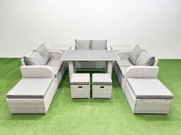 Fimous 10 Seater Patio Garden Furniture Sets with Black Glass Top Dining Table Love Sofa 4 Stools Light Grey