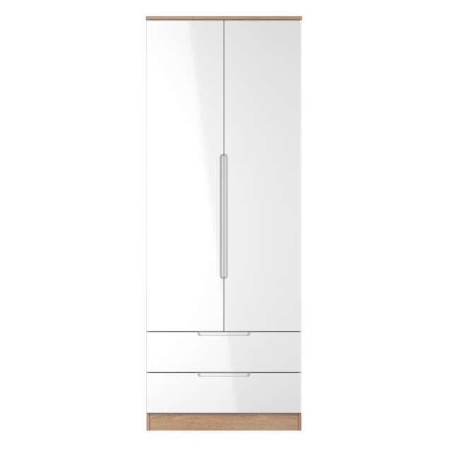Lucca Tall 2 Drawer Double Wardrobe in White Gloss & Bardolino Oak (Ready Assembled) White White Gloss & Bardolino Oak