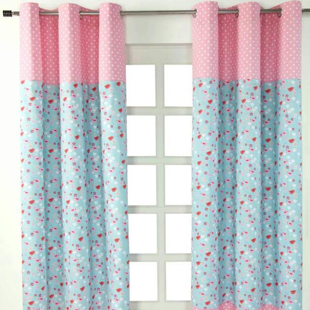 Homescapes Birds And Flowers Ready Made Eyelet Curtain Pair - 137 x 182 cm Drop Blue Blue