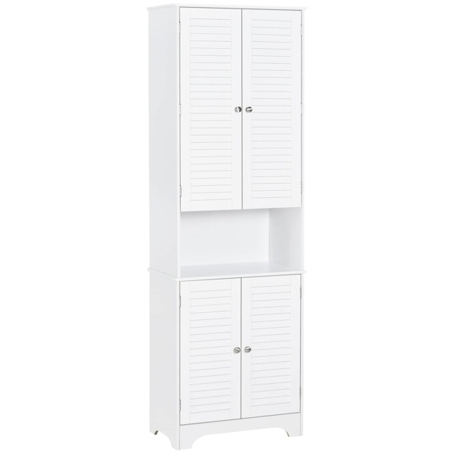HOMCOM Tall Freestanding Bathroom Cabinet Retro Shutters w 3 Compartments Shelves Elevated Base Narrow Organiser White 60L x 30W x 182.5H cm White White