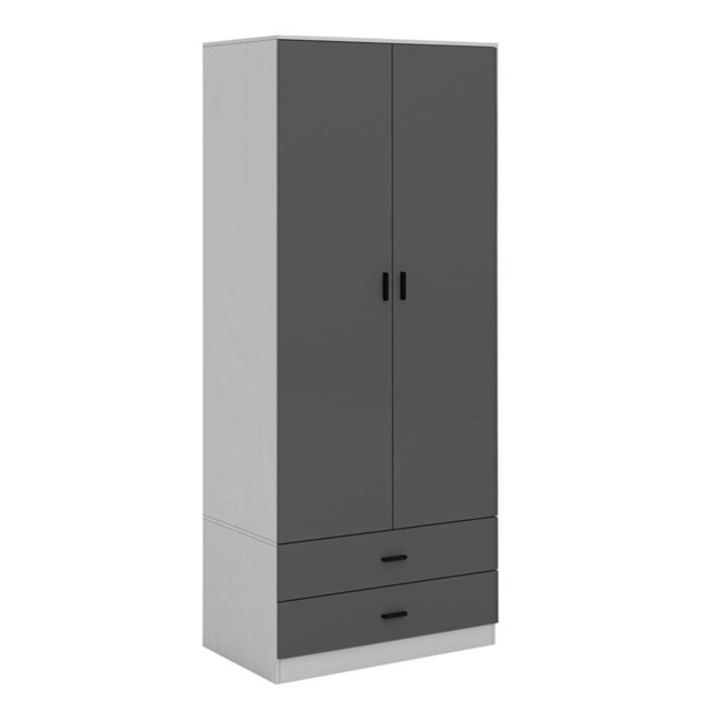 2-Door 2-Drawer Wardrobe with Storage Shelf, and Hanging Space - 180x75x46cm Grey Grey & Black 1