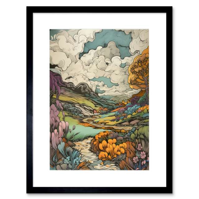 "Scotland Heather Meadow River Landscape 9x7"" Black Framed Wall Art Print"