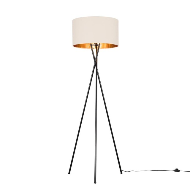 ValueLights Camden Black Tripod Floor Lamp Beige Gold Shade
