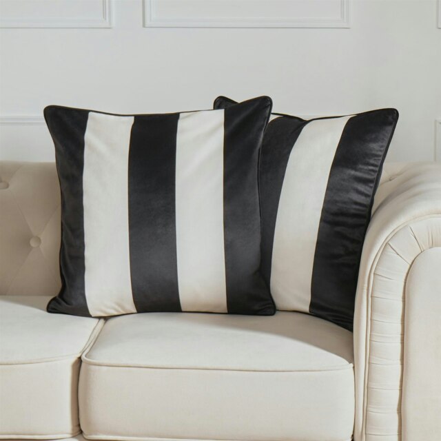 OHS 2 x Stripe Print Matte Velvet Cushion Covers, 45x45cm - Black/White