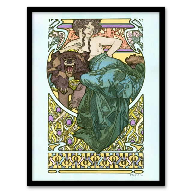 "Woman Reclining on a Bearskin French Vintage Framed Wall Art Print Mucha 12x16"""
