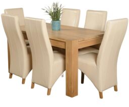 Kuba 150 x 85 cm Chunky Medium Oak Dining Table and 6 Lola Leather Chairs Cream Cream