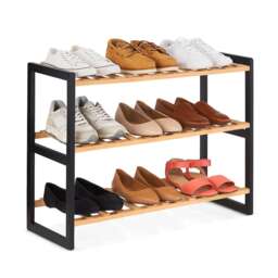 Neo Black/Natural 3-Tier Bamboo Shoe Rack Stand Natural Wooden Shoe Storage Shelf for Hallway Bedroom Bathroom Black Black And Wood