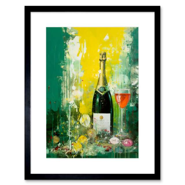 "Bubbly Pink Champagne Sparkling Wine Celebration 9x7"" Black Framed Wall Art Print"