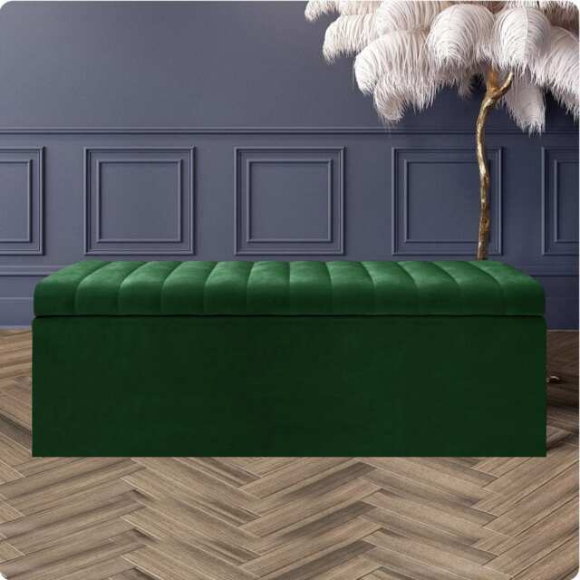 150cm Safar Large Striped Storage Ottoman Box, Forest Green Plush Velvet Upholstered Deep Storage Ottoman End of Bed Bench