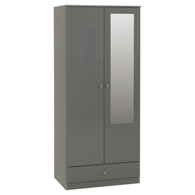 Denver 2 Door 1 Drawer Mirrored Wardrobe - L48 x W175.5 x H75 cm - Grey Gloss