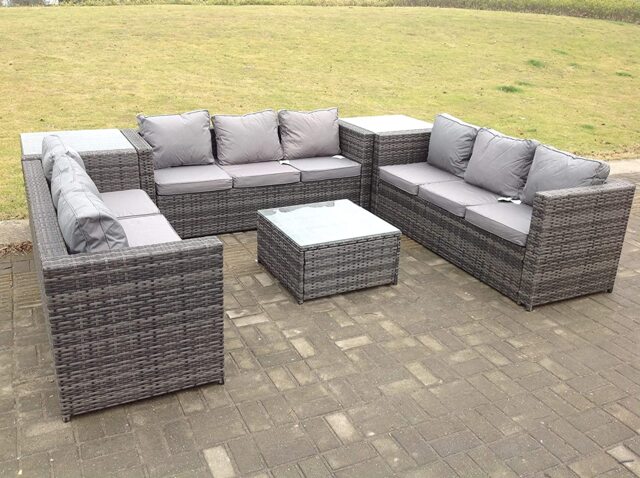 Patio 9 Seater U Shape Rattan Sofa Set Patio Outdoor Garden Furniture With 3 Coffee Table Dark Grey Mixed