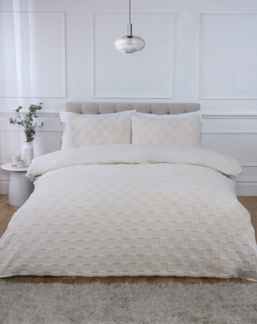 Luxury Check Teddy Polyester Fleece Duvet Cover Set with Pillowcase Cream Double