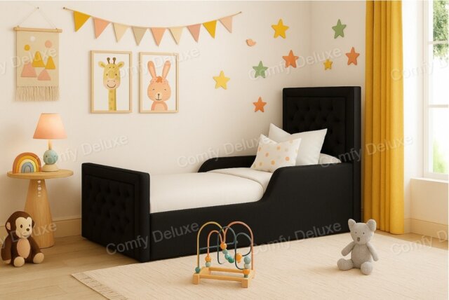 Black 3ft Single Kids Bed Frame Studded Plush Velvet