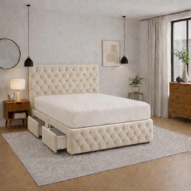 Chesterfield 3ft cream plush divan bed set with headboard and footboard 2 Drawers Left Side Laying in Bed