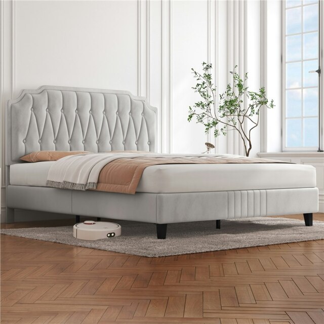Yaheetech 5ft King Upholstered Bed Frame with Button-Tufted Headboard Beige
