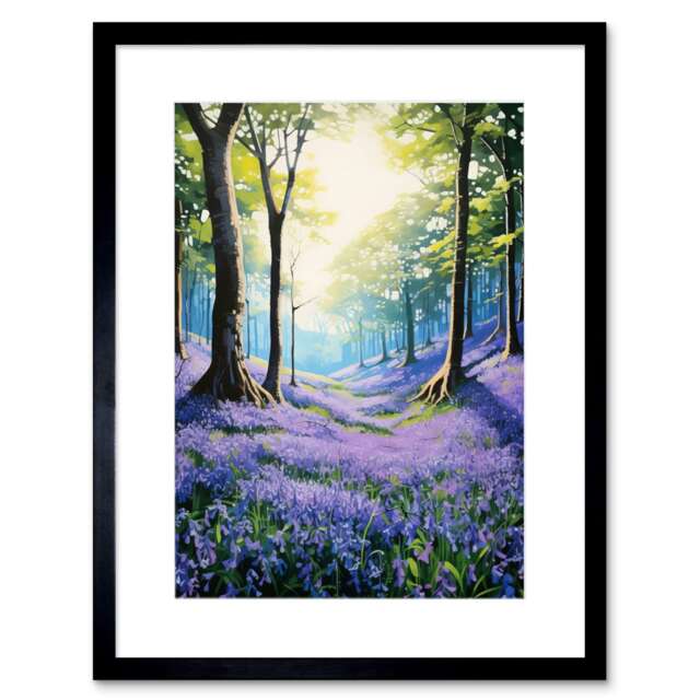 "Bluebell Forest Sunshine Vibrant Flowers Serene 9x7"" Black Framed Wall Art Print"
