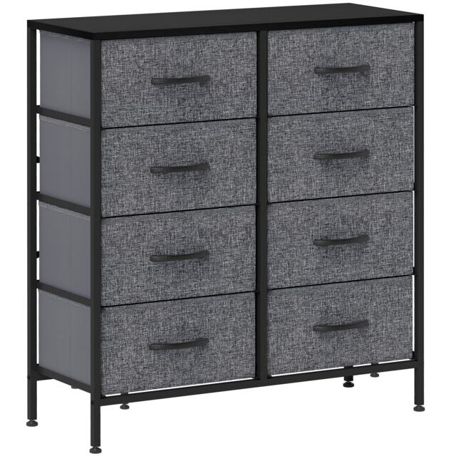 HOMCOM Fabric Chest of Drawers, Industrial Bedroom Dresser with 8 Fabric Drawers, Steel Frame and Wooden Top for Nursery, Living Room, Hallway, Black Black Black