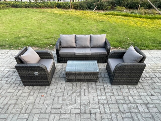 Fimous Outdoor Rattan Garden Furniture Set 5 Seater Patio Lounge Sofa Set with Rectangular Coffee Table Dark Grey Mixed