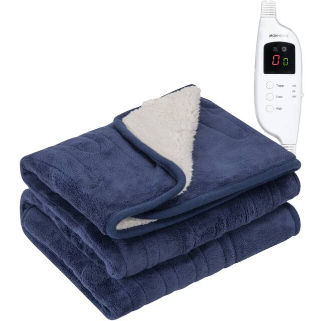 Monhouse Heated Throw - Electric Blanket - Digital Controller - 9H Timer, 9 Heat Settings, Auto Shutoff - Single 130X160Cm Blue Navy Shearling 1
