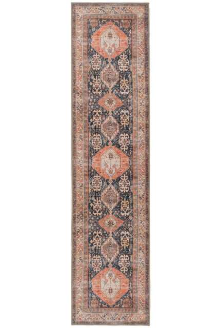 KUKOON Terracotta Blue Distressed Persian Style Non Slip Washable Low Pile Runner Rug 80cm x 300cm Orange