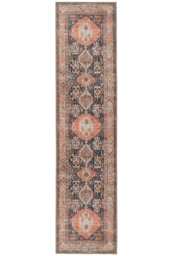 KUKOON Terracotta Blue Distressed Persian Style Non Slip Washable Low Pile Runner Rug 80cm x 300cm Orange