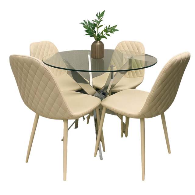 Round Glass Dining Table with 4 cream Faux Leather paded Chairs Dining Table Set