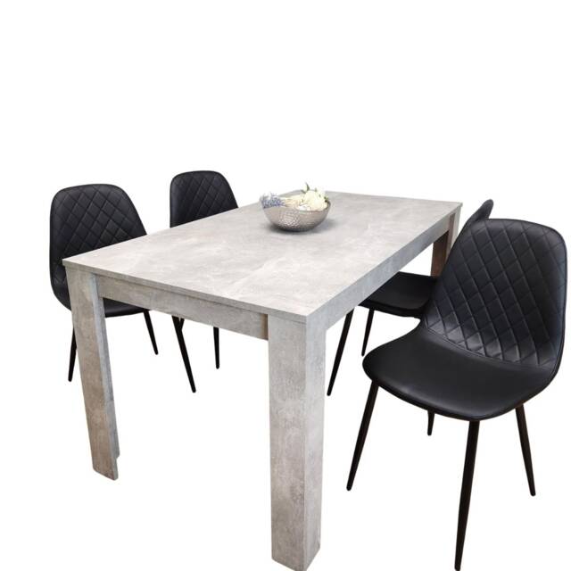 Dining Table and 4 Chairs Stone Grey Effect Wood Table 4 Black Faux Leather Chairs Dining Room