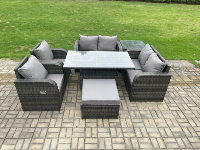 Fimous Rattan Furniture Outdoor Garden Dining Set Patio Height Adjustable Rising lifting Table Love Sofa Chair With Side Table Big Footstool
