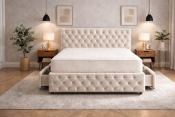 4FT Small Double Cream Plush Velvet Divan Bed With Headboard & Footboard and Memory Sprung Mattress No Drawers