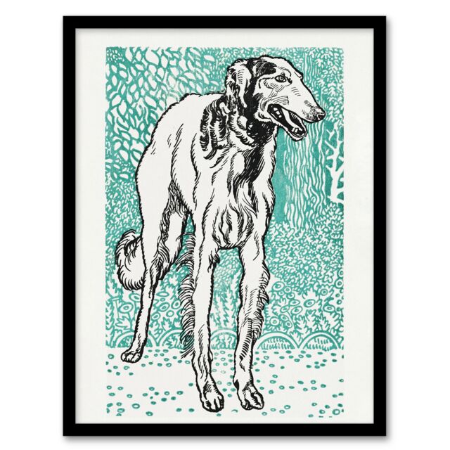 "Long Haired Greyhound Russian Wolfhound Dog Jung Framed Wall Art Print 12X16"""