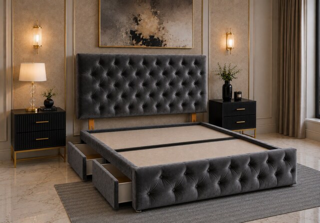 Brooklyn Divan Bed with Upholstered Headboard & Footboard Base - Double Grey Plush 2 Drawers Storage Left Side in Bed