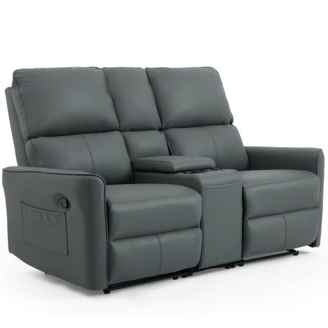 Madrid 2 Seater Manual Recliner Air Leather Sofa w Drinks Console Grey Two Seater