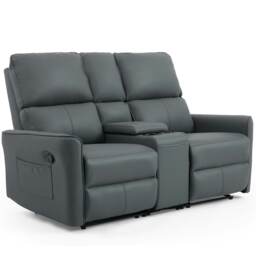 Madrid 2 Seater Manual Recliner Air Leather Sofa w Drinks Console Grey Two Seater