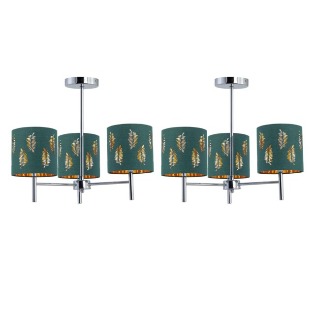 Set of 2 Brea - Chrome 3 Light Fittings with Dark Green Fern Shades Chrome Green 2