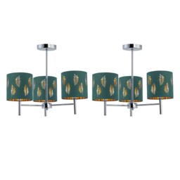 Set of 2 Brea - Chrome 3 Light Fittings with Dark Green Fern Shades Chrome Green 2